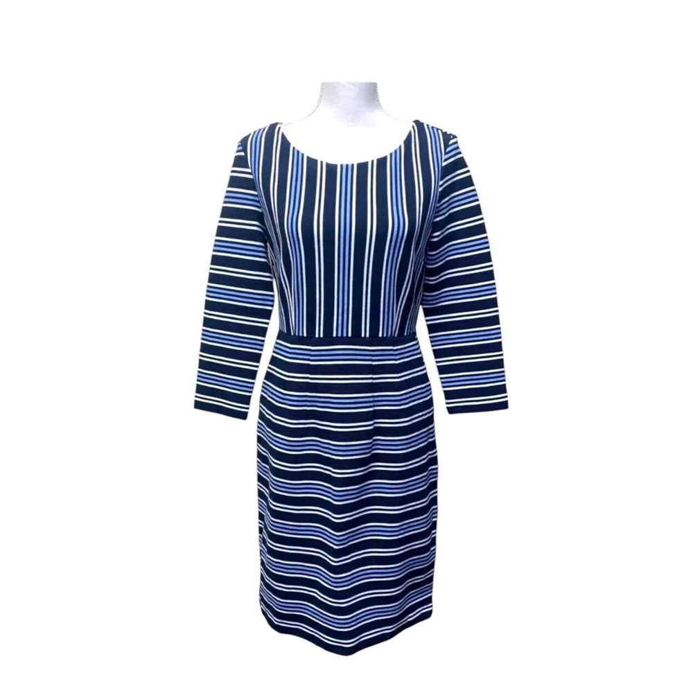 Lands End Womens Long Sleeve Sheath Dress Size 2 Knee Length Striped Blue